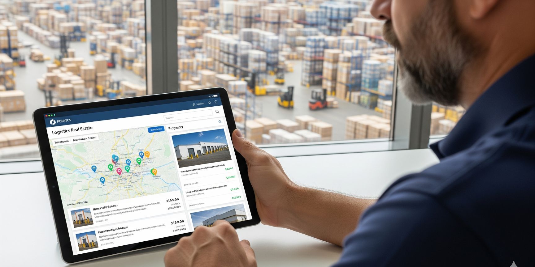 Ein Logistikmanager in einem Büro mit Blick auf eine große Lagerhalle, der auf einem Tablet ein spezialisiertes Online-Portal für Logistikimmobilien nutzt, um nach neuen Standorten zu suchen. Der Fokus liegt auf der Interaktion zwischen Nutzer und Fachportal